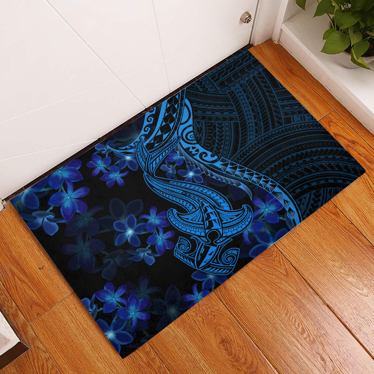 Blue Polynesia Shark Tattoo Rubber Doormat With Polynesian Plumeria - Wonder Print Shop