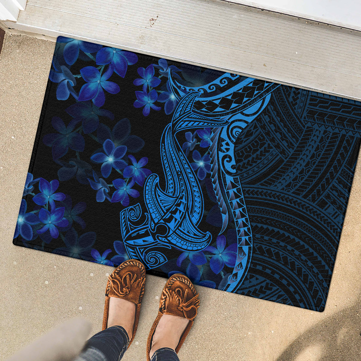 Blue Polynesia Shark Tattoo Rubber Doormat With Polynesian Plumeria - Wonder Print Shop