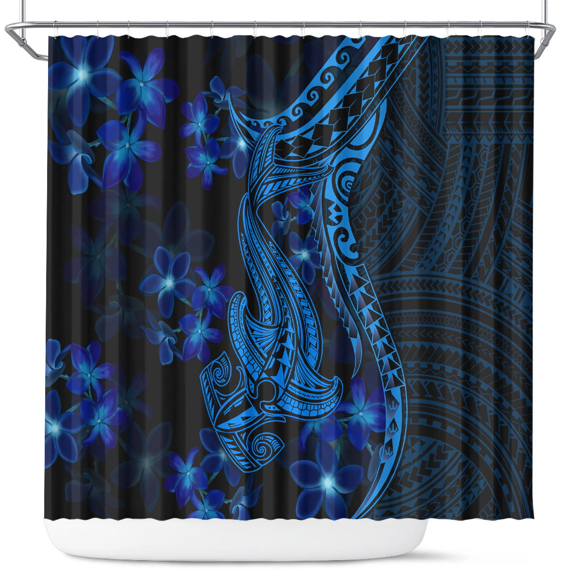 blue-polynesia-shark-tattoo-shower-curtain-with-polynesian-plumeria