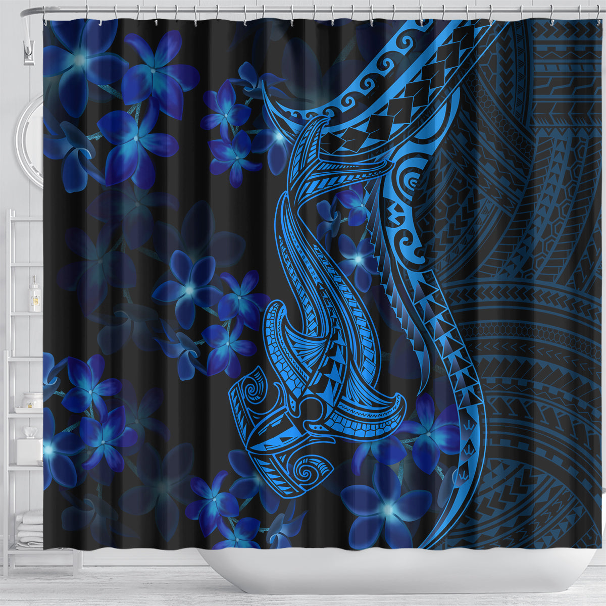 blue-polynesia-shark-tattoo-shower-curtain-with-polynesian-plumeria