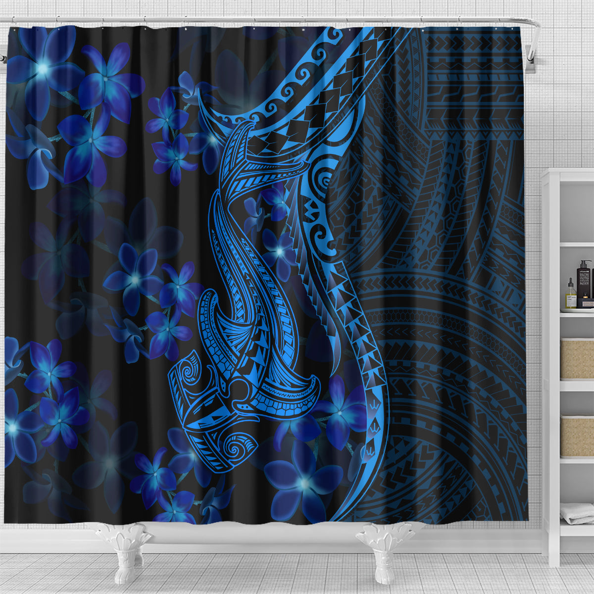 blue-polynesia-shark-tattoo-shower-curtain-with-polynesian-plumeria