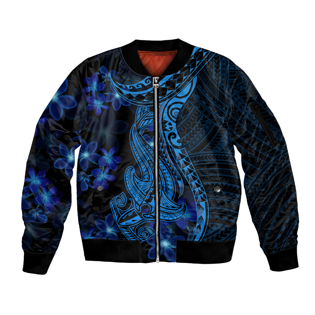 Blue Polynesia Shark Tattoo Sleeve Zip Bomber Jacket With Polynesian Plumeria - Wonder Print Shop