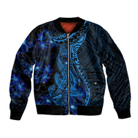 Blue Polynesia Shark Tattoo Sleeve Zip Bomber Jacket With Polynesian Plumeria - Wonder Print Shop