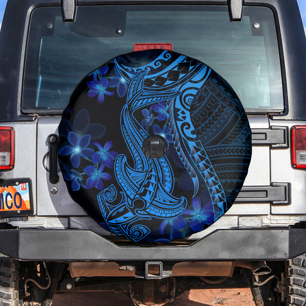 Blue Polynesia Shark Tattoo Spare Tire Cover With Polynesian Plumeria - Wonder Print Shop