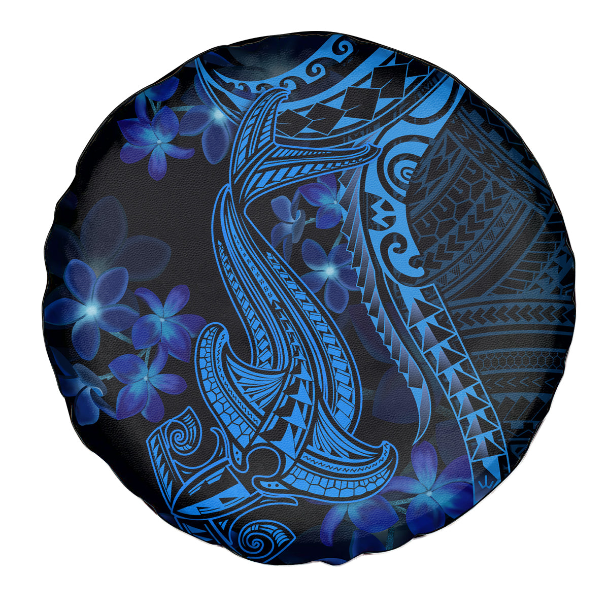 Blue Polynesia Shark Tattoo Spare Tire Cover With Polynesian Plumeria - Wonder Print Shop