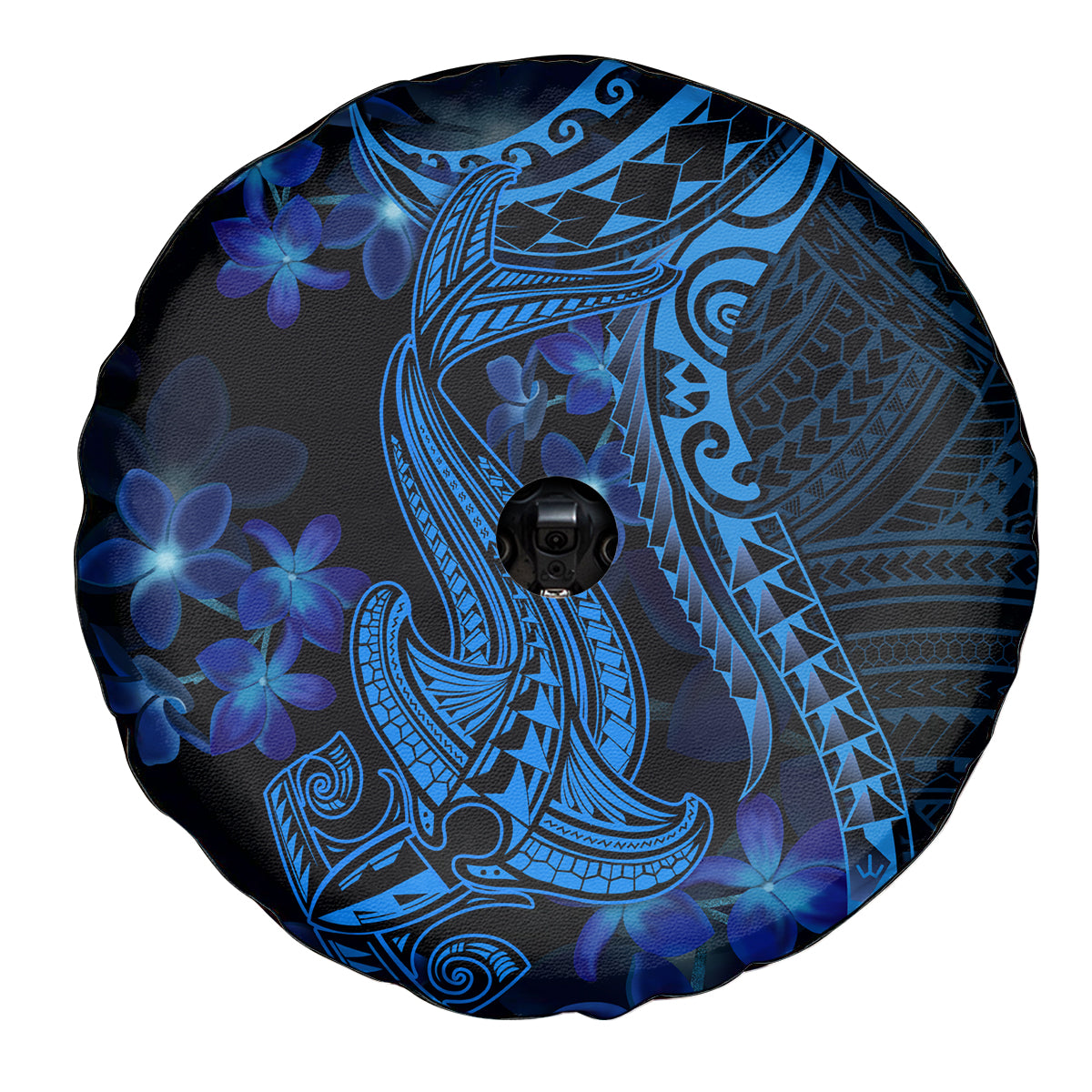 Blue Polynesia Shark Tattoo Spare Tire Cover With Polynesian Plumeria - Wonder Print Shop