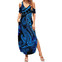 Blue Polynesia Shark Tattoo Summer Maxi Dress With Polynesian Plumeria - Wonder Print Shop
