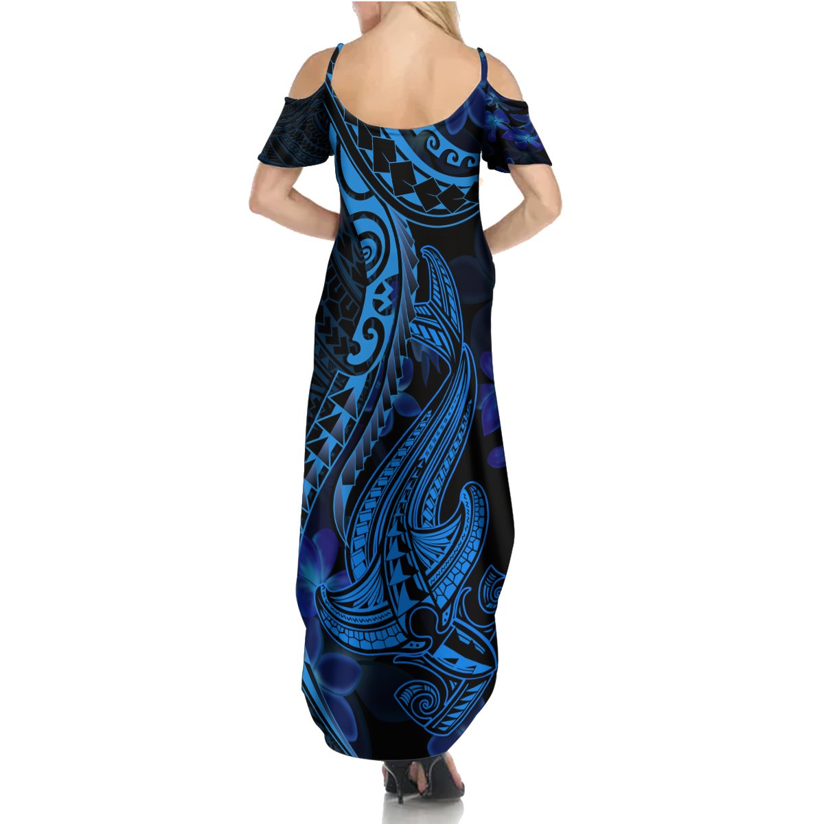 Blue Polynesia Shark Tattoo Summer Maxi Dress With Polynesian Plumeria - Wonder Print Shop
