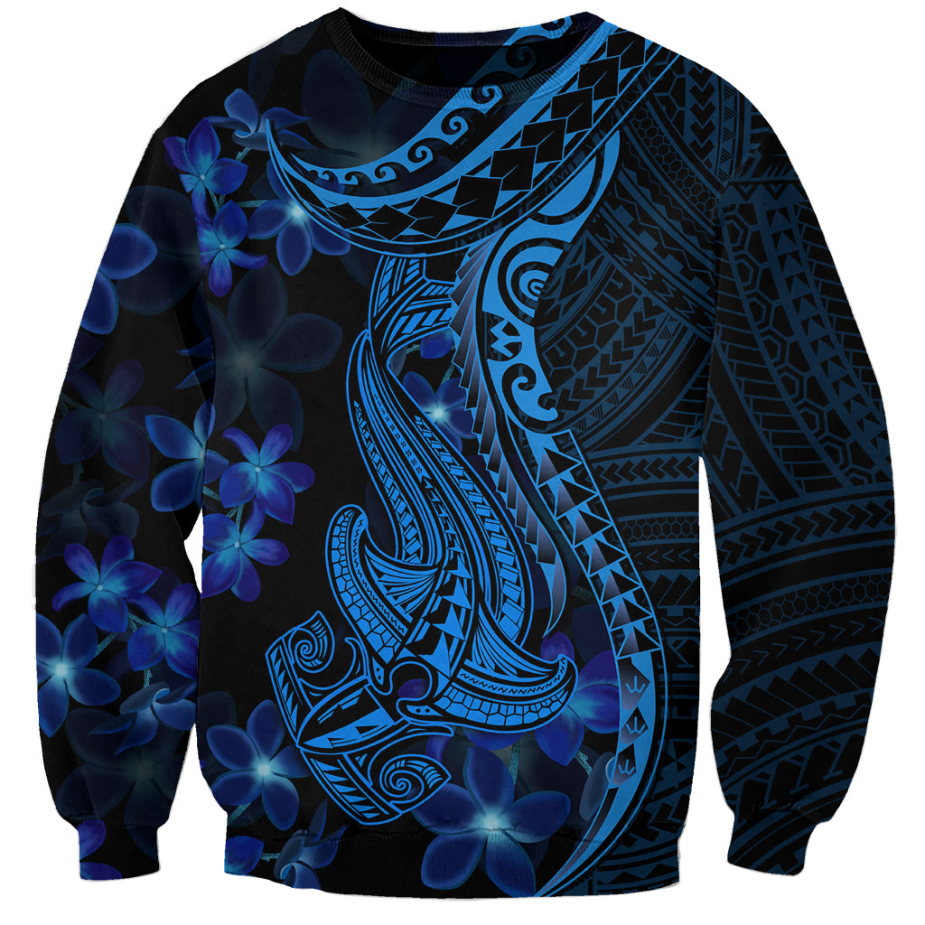 Blue Polynesia Shark Tattoo Sweatshirt With Polynesian Plumeria - Wonder Print Shop