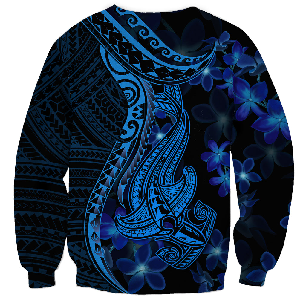 Blue Polynesia Shark Tattoo Sweatshirt With Polynesian Plumeria - Wonder Print Shop