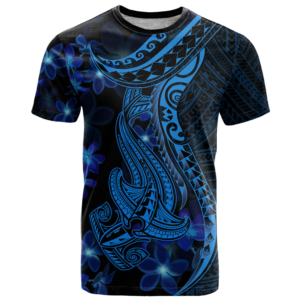 Blue Polynesia Shark Tattoo T Shirt With Polynesian Plumeria - Wonder Print Shop