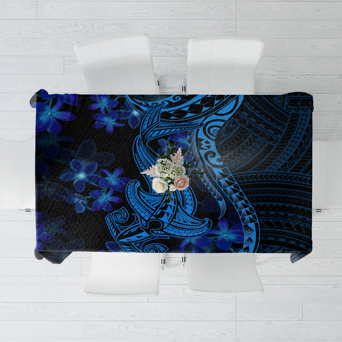 Blue Polynesia Shark Tattoo Tablecloth With Polynesian Plumeria - Wonder Print Shop