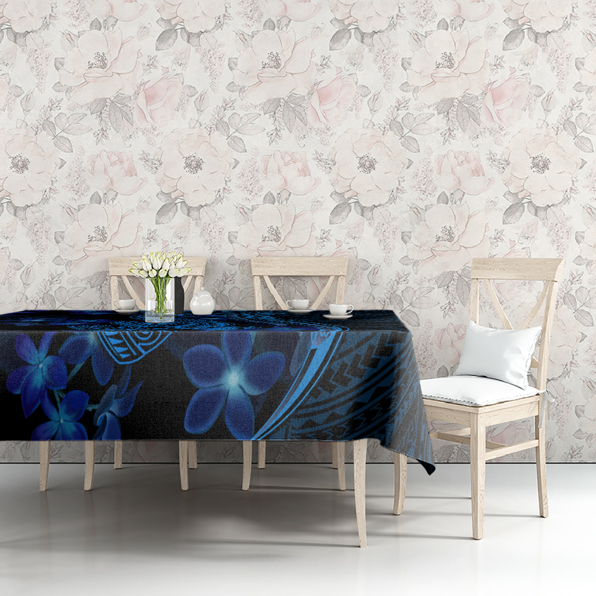 Blue Polynesia Shark Tattoo Tablecloth With Polynesian Plumeria - Wonder Print Shop