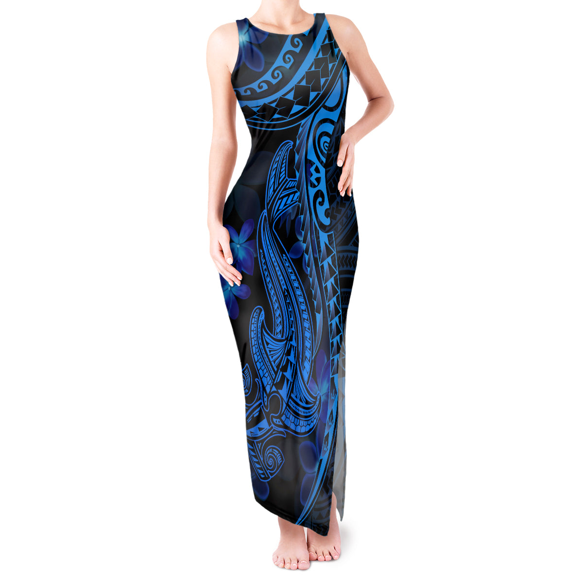 Blue Polynesia Shark Tattoo Tank Maxi Dress With Polynesian Plumeria - Wonder Print Shop