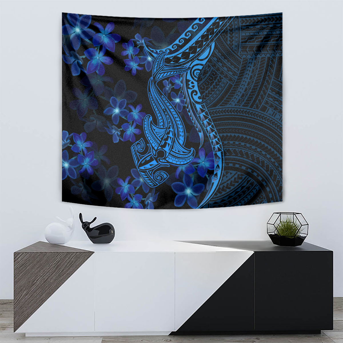 Blue Polynesia Shark Tattoo Tapestry With Polynesian Plumeria - Wonder Print Shop