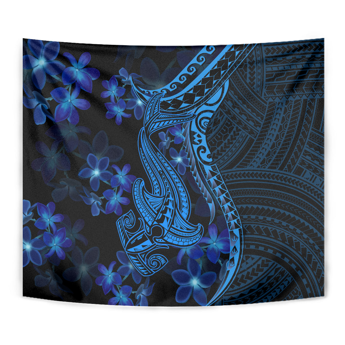 Blue Polynesia Shark Tattoo Tapestry With Polynesian Plumeria - Wonder Print Shop