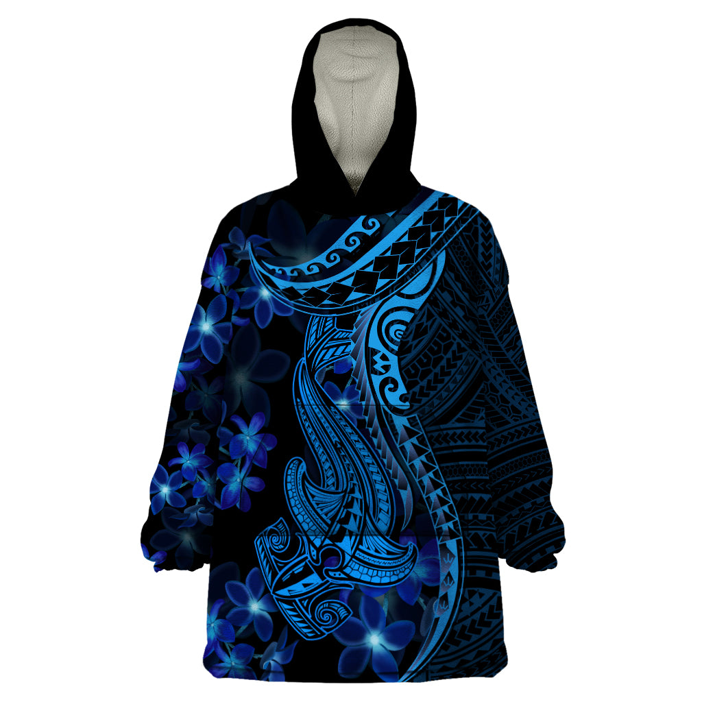 Blue Polynesia Shark Tattoo Wearable Blanket Hoodie With Polynesian Plumeria - Wonder Print Shop