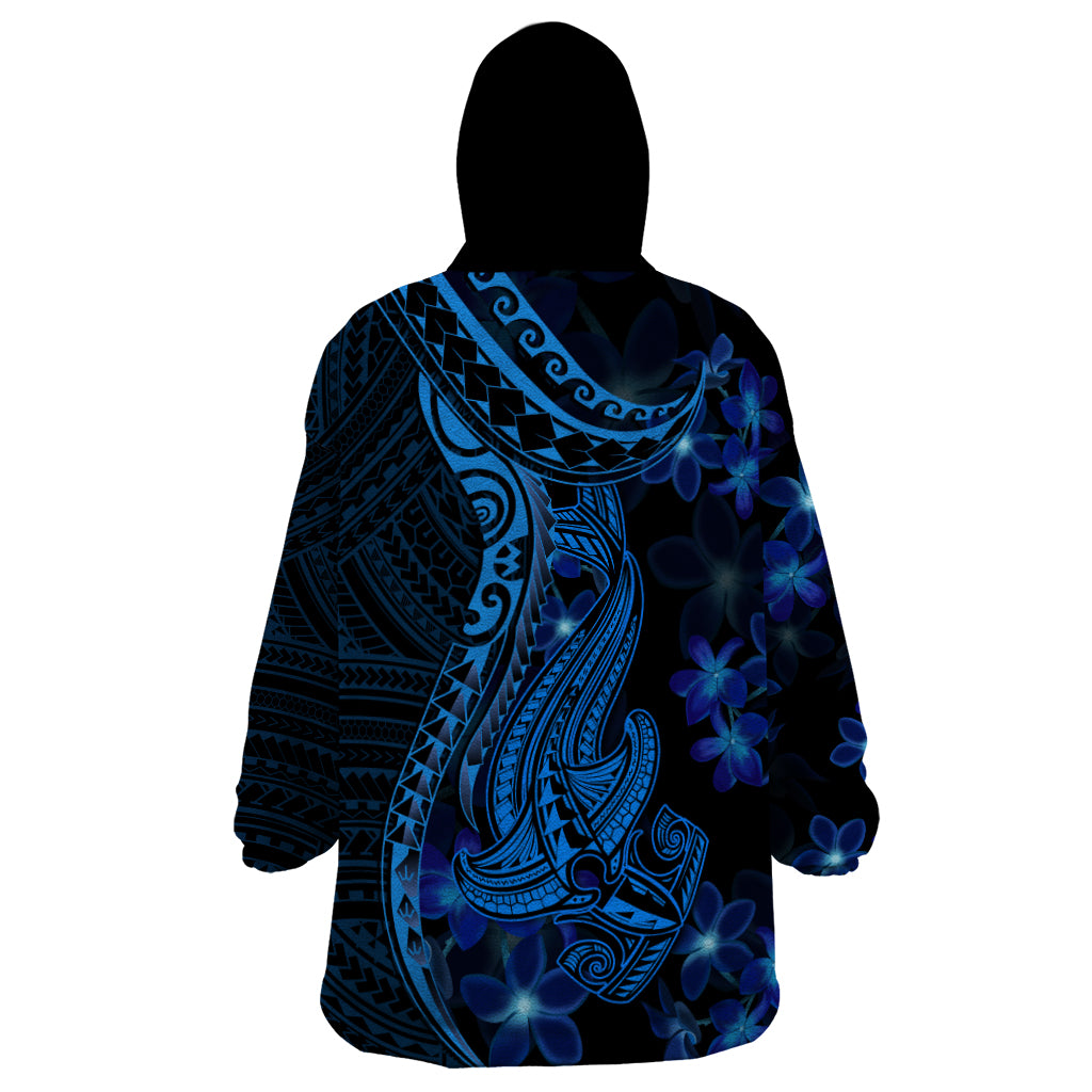 Blue Polynesia Shark Tattoo Wearable Blanket Hoodie With Polynesian Plumeria - Wonder Print Shop