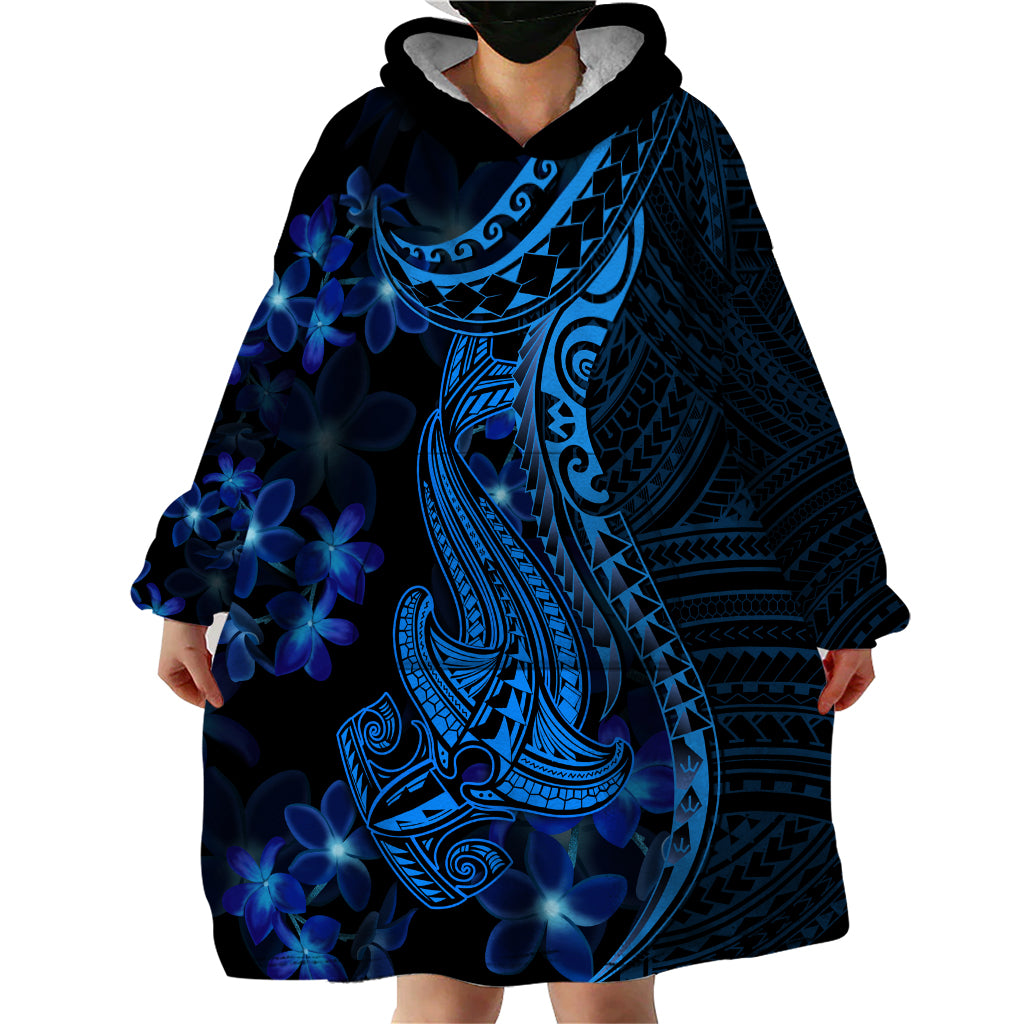 Blue Polynesia Shark Tattoo Wearable Blanket Hoodie With Polynesian Plumeria - Wonder Print Shop