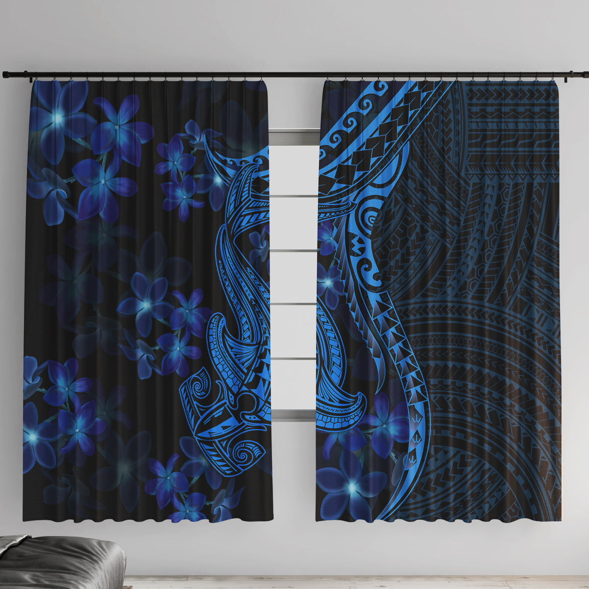 Blue Polynesia Shark Tattoo Window Curtain With Polynesian Plumeria - Wonder Print Shop
