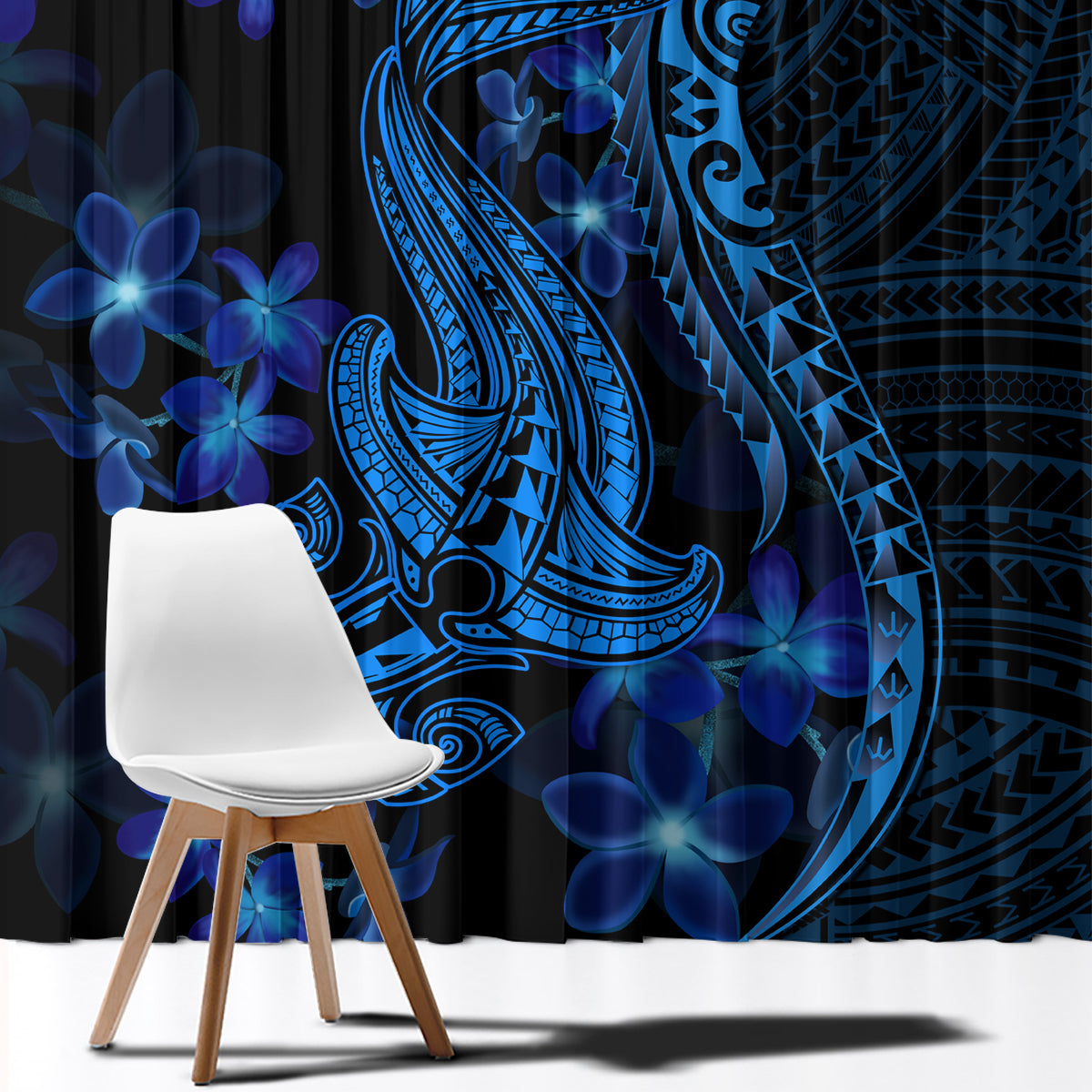 Blue Polynesia Shark Tattoo Window Curtain With Polynesian Plumeria - Wonder Print Shop