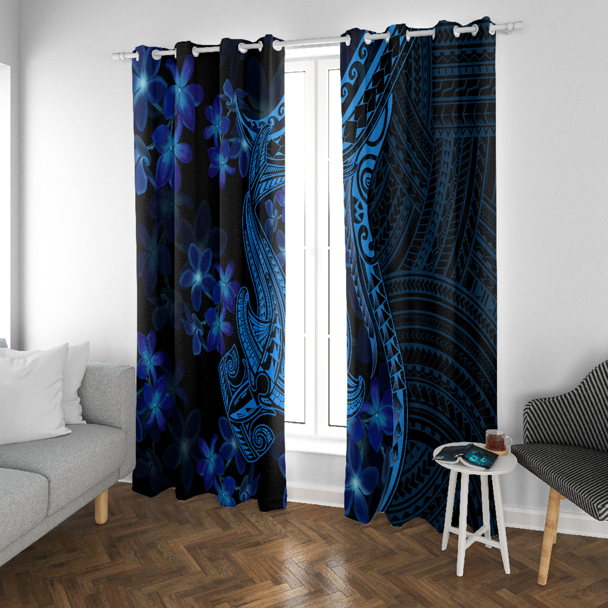 Blue Polynesia Shark Tattoo Window Curtain With Polynesian Plumeria - Wonder Print Shop