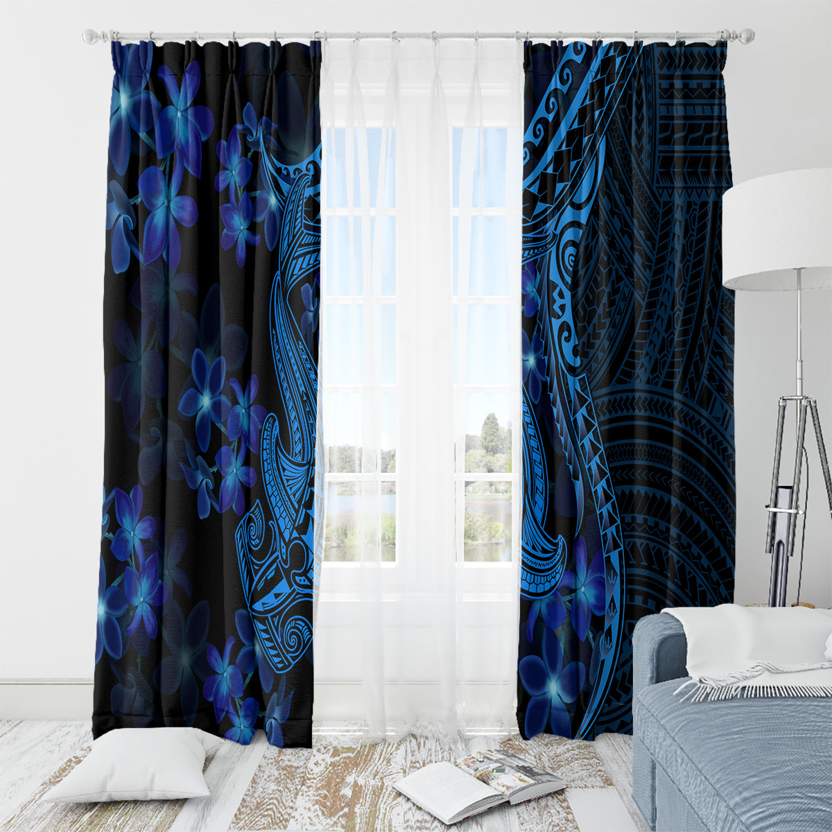 Blue Polynesia Shark Tattoo Window Curtain With Polynesian Plumeria - Wonder Print Shop
