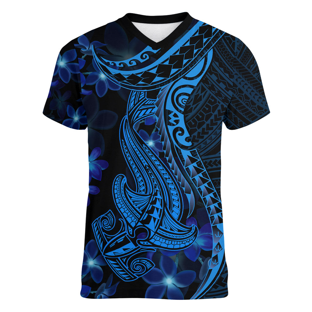 Blue Polynesia Shark Tattoo Women V Neck T Shirt With Polynesian Plumeria - Wonder Print Shop