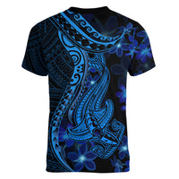 Blue Polynesia Shark Tattoo Women V Neck T Shirt With Polynesian Plumeria - Wonder Print Shop