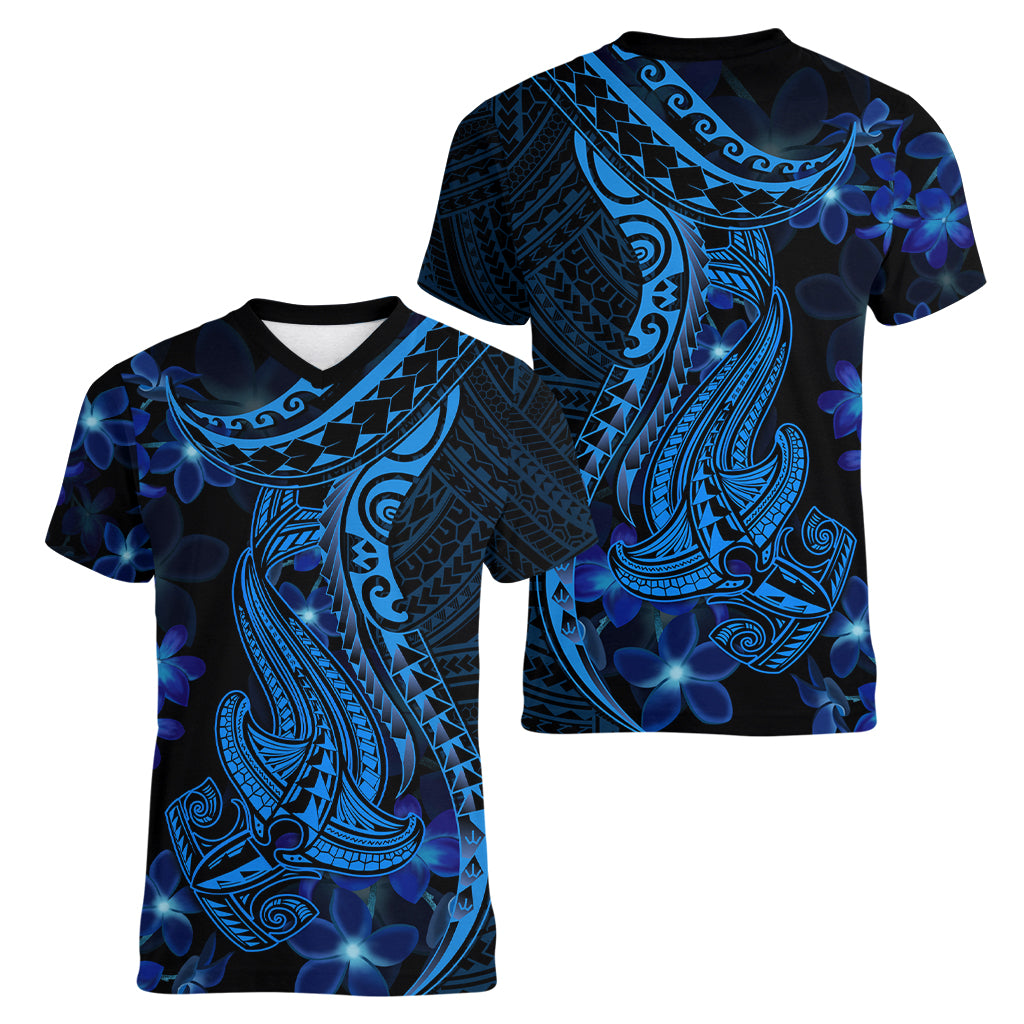 Blue Polynesia Shark Tattoo Women V Neck T Shirt With Polynesian Plumeria - Wonder Print Shop