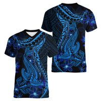 Blue Polynesia Shark Tattoo Women V Neck T Shirt With Polynesian Plumeria - Wonder Print Shop