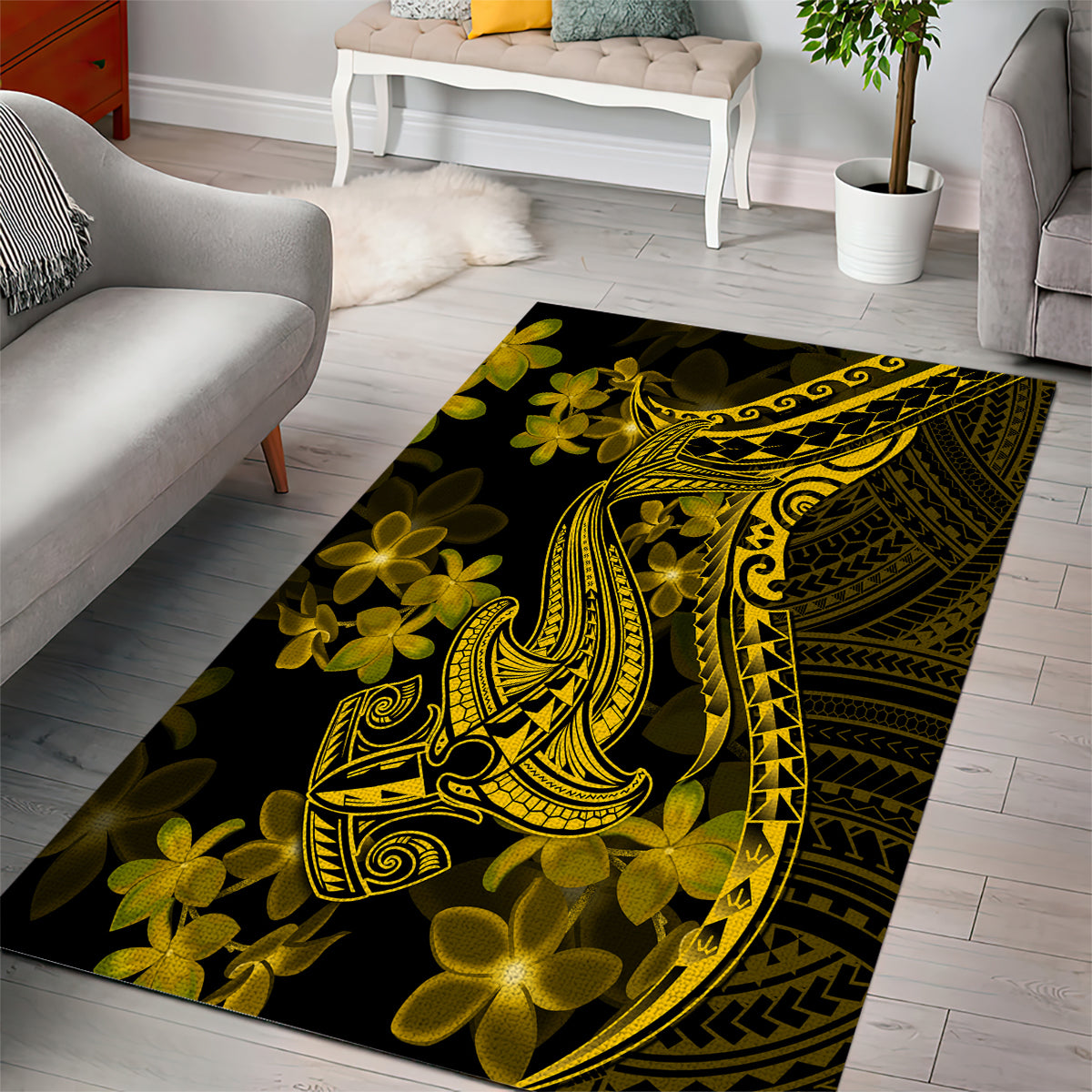 Gold Polynesia Shark Tattoo Area Rug With Polynesian Plumeria - Wonder Print Shop