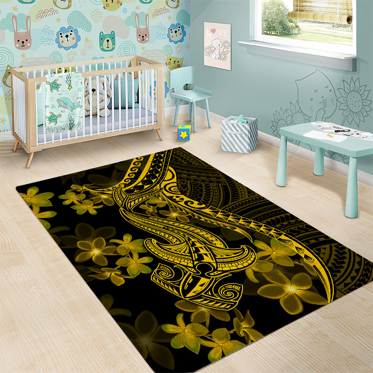 Gold Polynesia Shark Tattoo Area Rug With Polynesian Plumeria - Wonder Print Shop