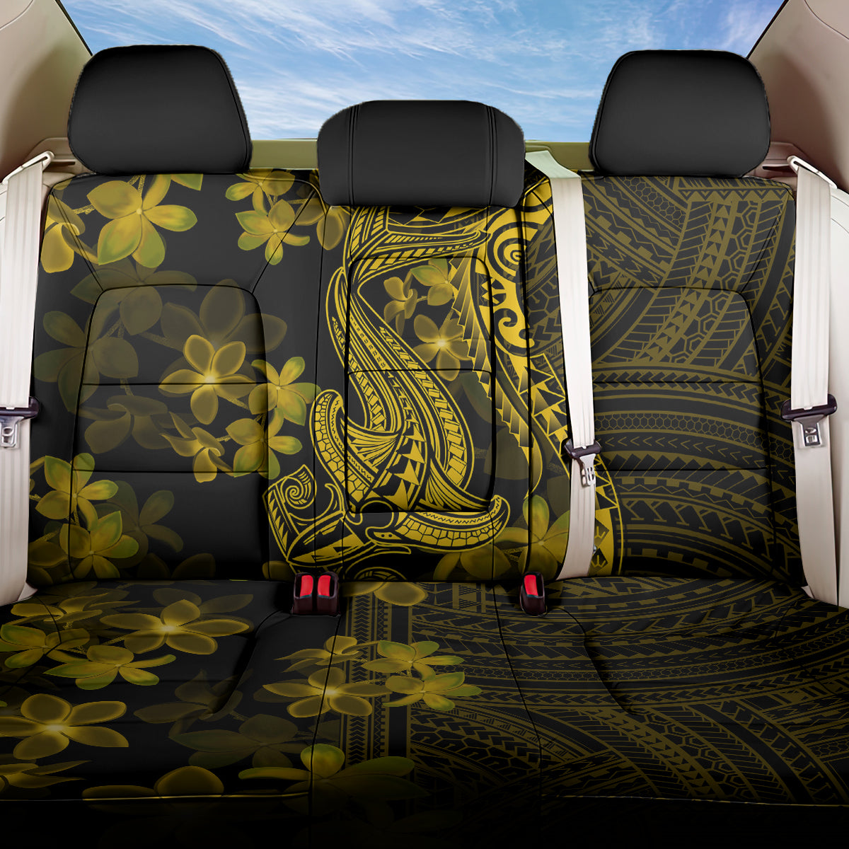 Gold Polynesia Shark Tattoo Back Car Seat Cover With Polynesian Plumeria - Wonder Print Shop