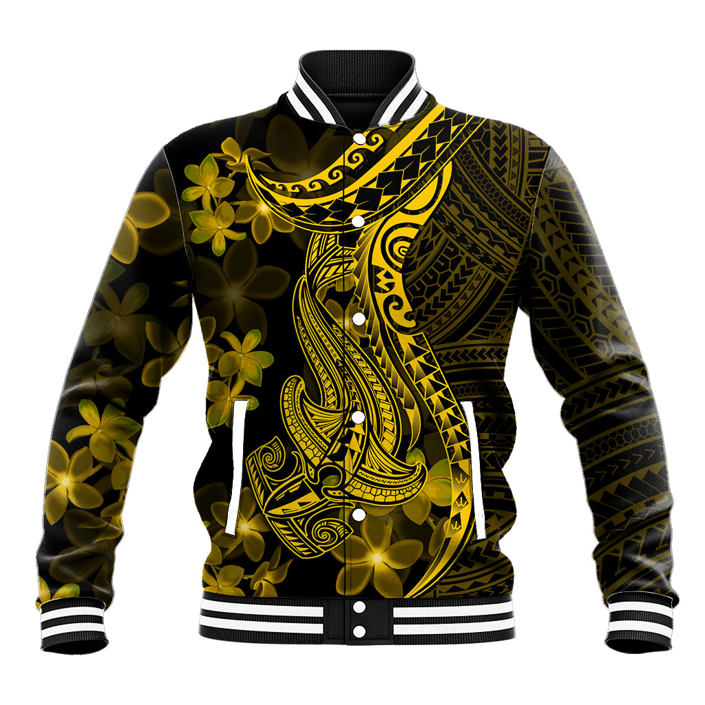 Gold Polynesia Shark Tattoo Baseball Jacket With Polynesian Plumeria - Wonder Print Shop