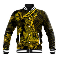 Gold Polynesia Shark Tattoo Baseball Jacket With Polynesian Plumeria - Wonder Print Shop