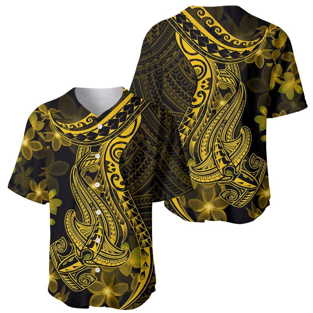 Gold Polynesia Shark Tattoo Baseball Jersey With Polynesian Plumeria - Wonder Print Shop