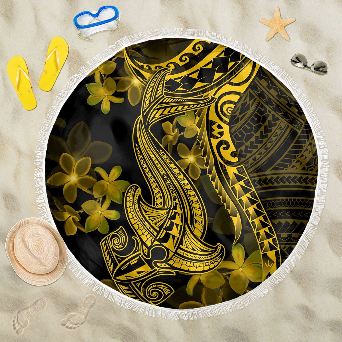 Gold Polynesia Shark Tattoo Beach Blanket With Polynesian Plumeria - Wonder Print Shop