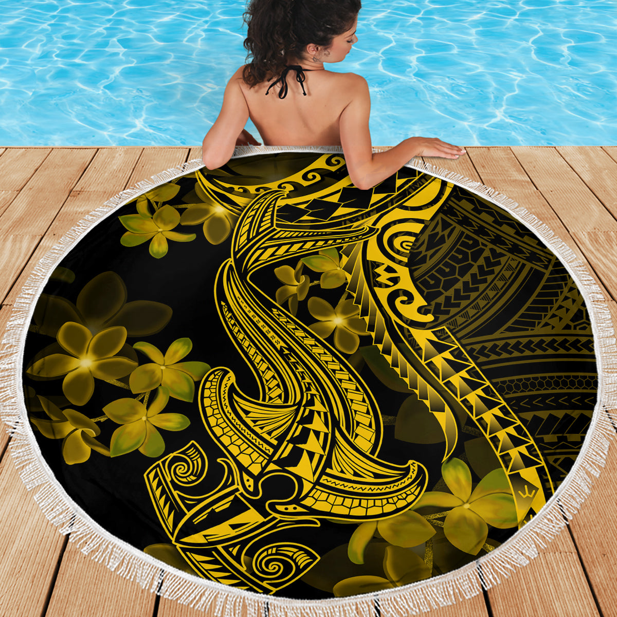 Gold Polynesia Shark Tattoo Beach Blanket With Polynesian Plumeria - Wonder Print Shop