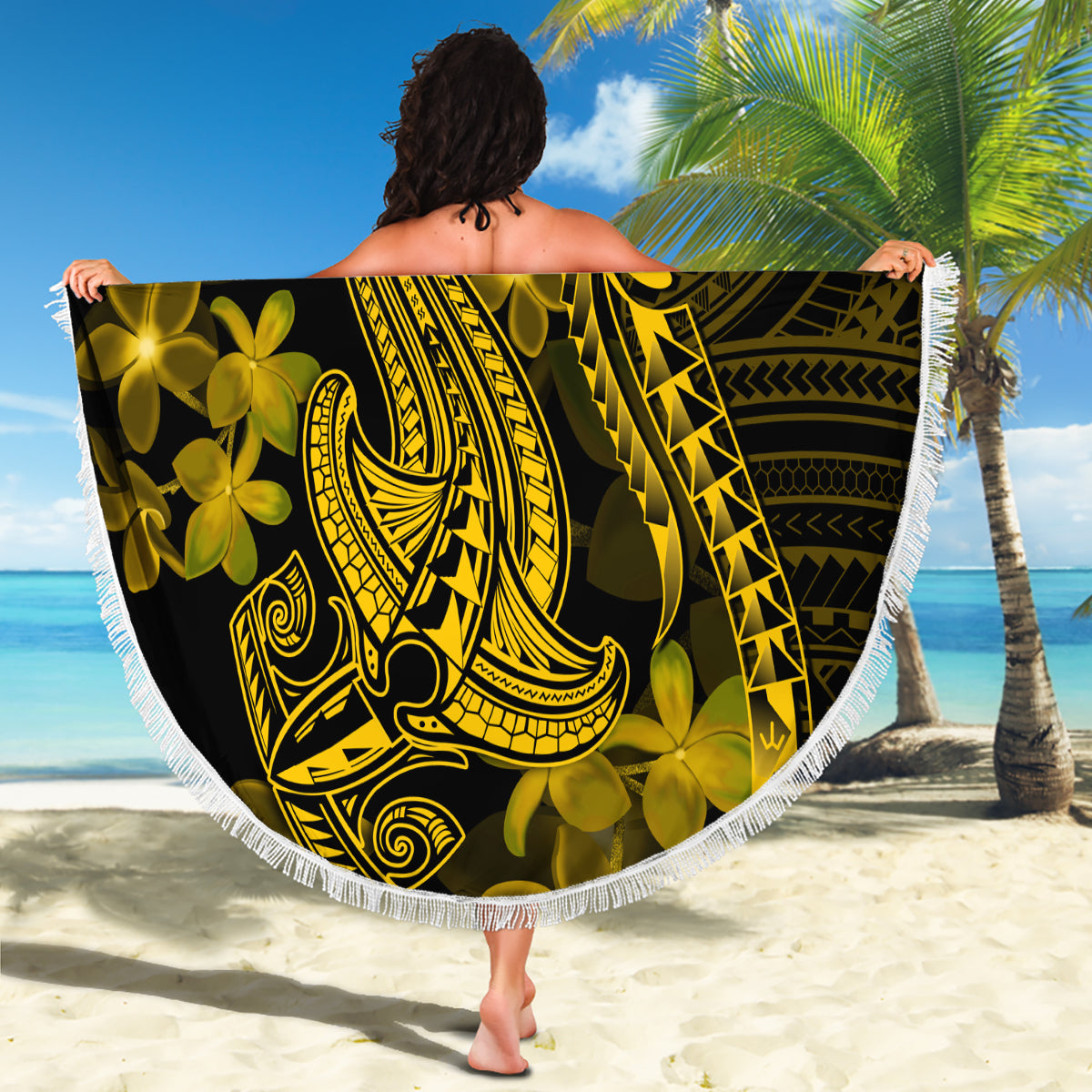 Gold Polynesia Shark Tattoo Beach Blanket With Polynesian Plumeria - Wonder Print Shop