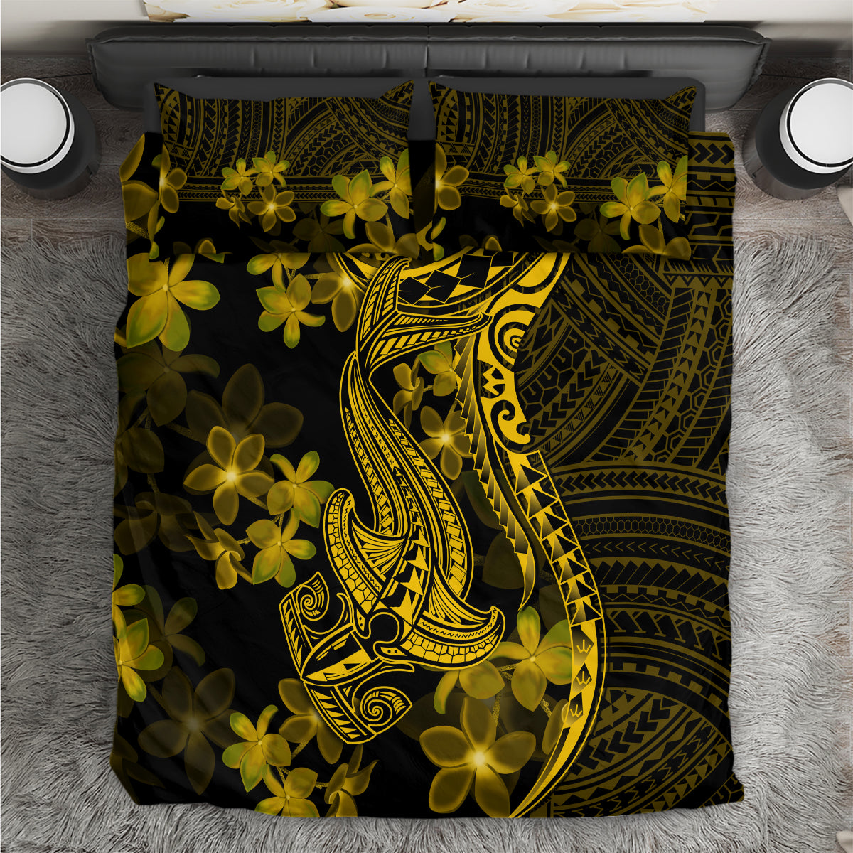 Gold Polynesia Shark Tattoo Bedding Set With Polynesian Plumeria - Wonder Print Shop