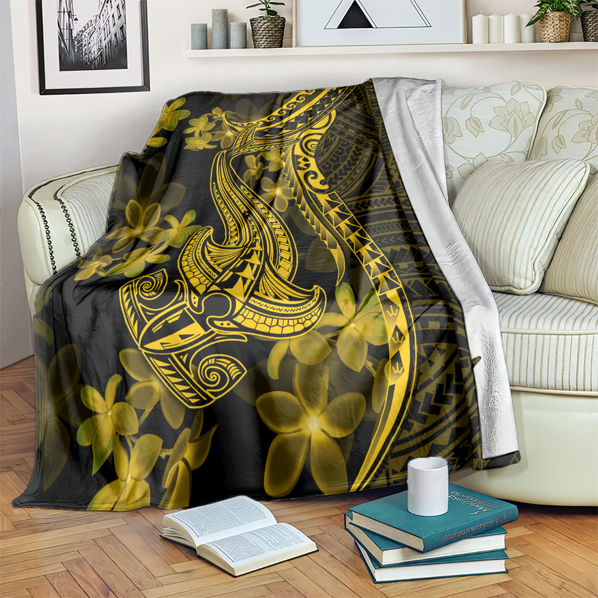 gold-polynesia-shark-tattoo-blanket-with-polynesian-plumeria