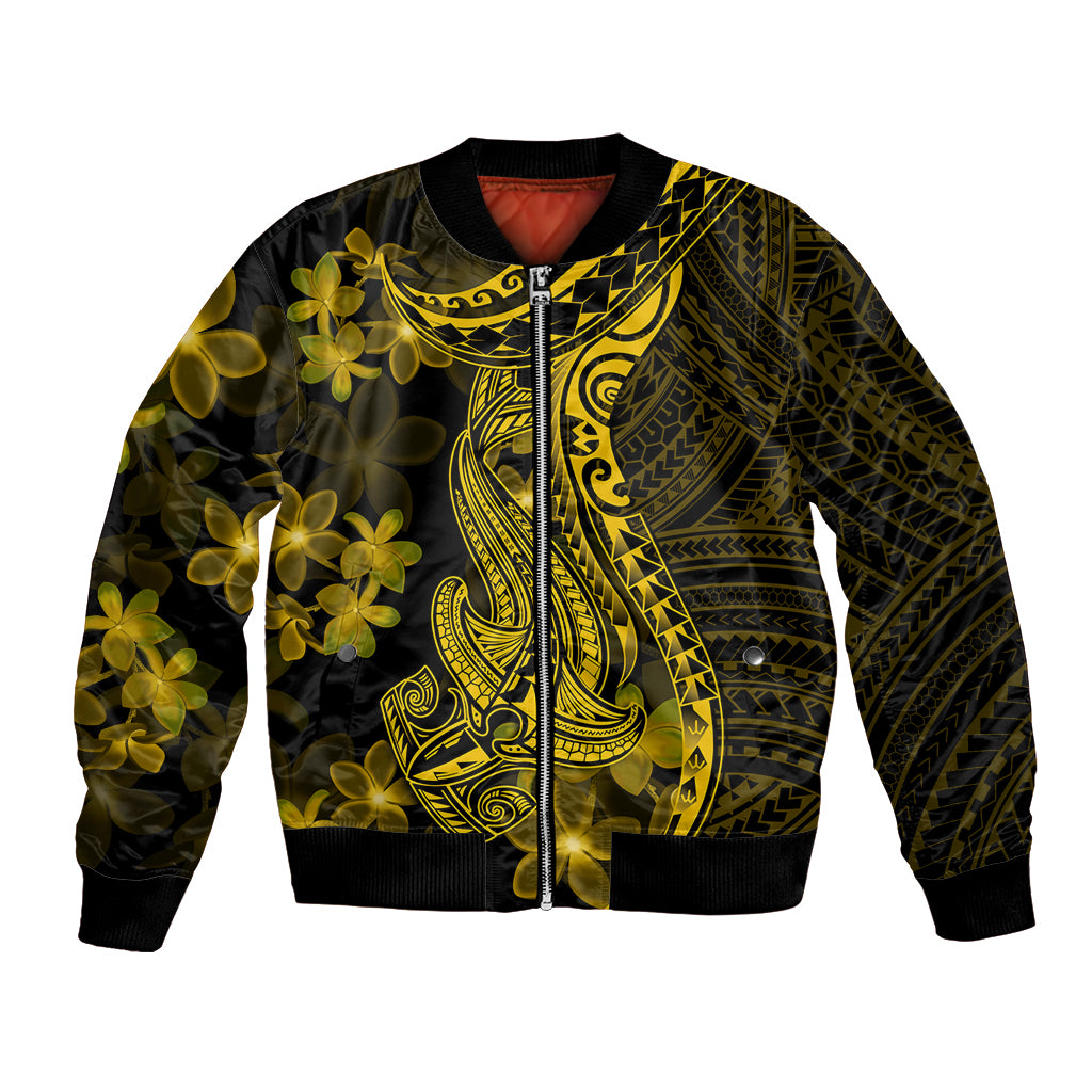 Gold Polynesia Shark Tattoo Bomber Jacket With Polynesian Plumeria - Wonder Print Shop