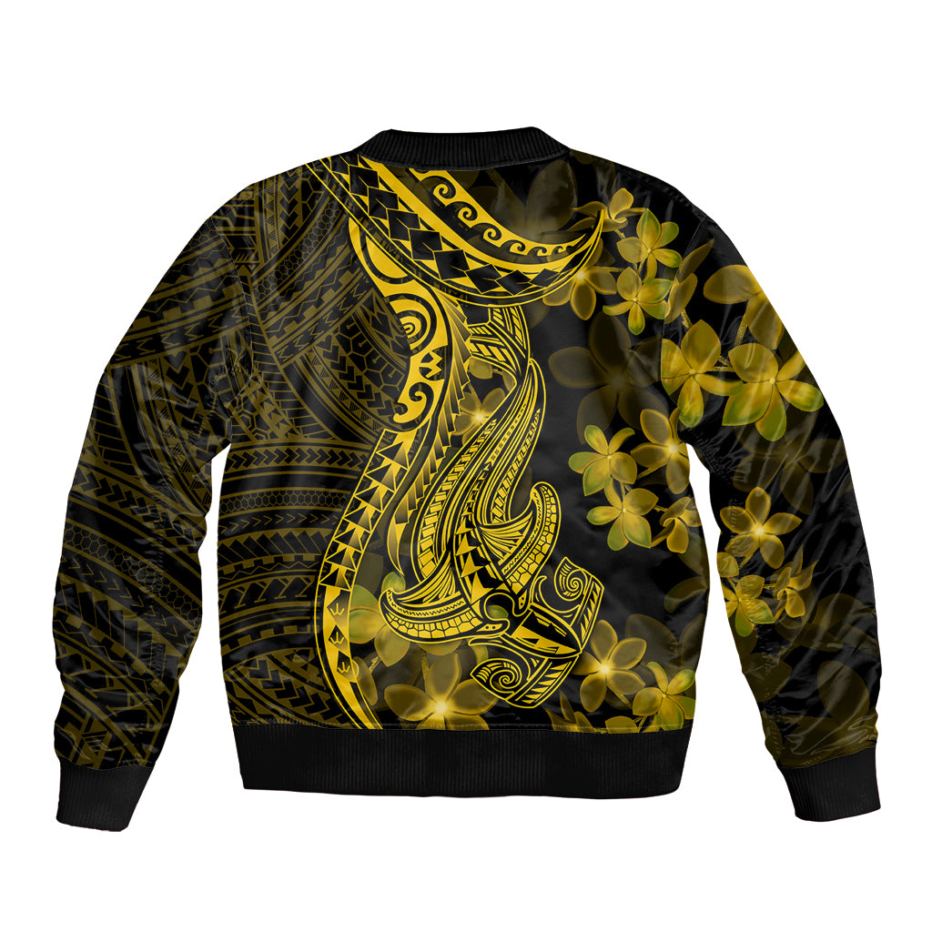 Gold Polynesia Shark Tattoo Bomber Jacket With Polynesian Plumeria - Wonder Print Shop