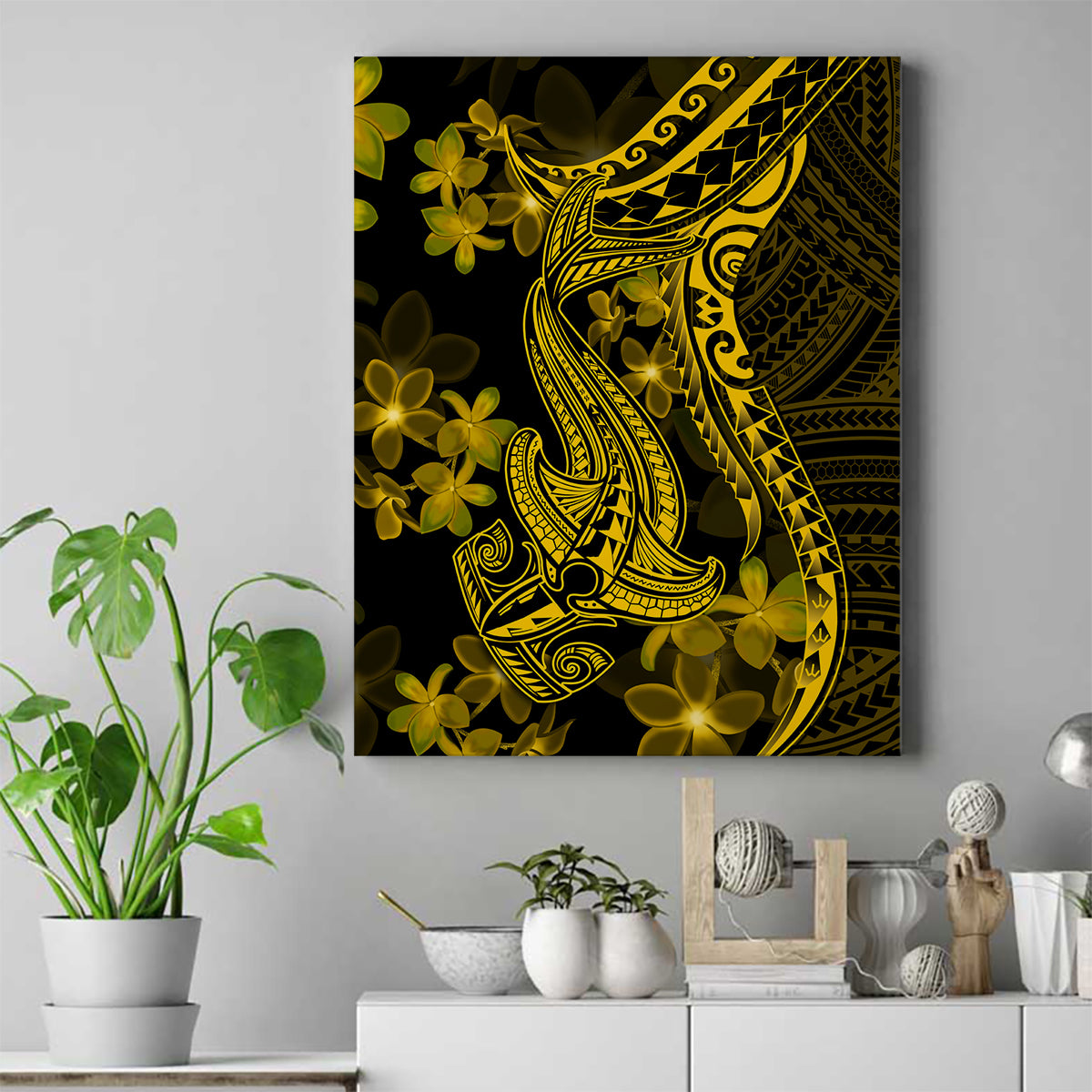 Gold Polynesia Shark Tattoo Canvas Wall Art With Polynesian Plumeria - Wonder Print Shop
