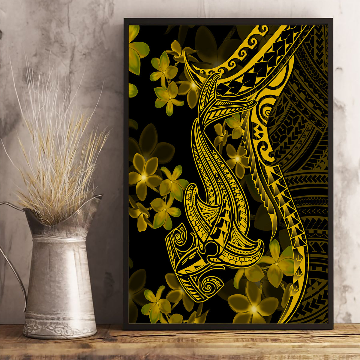 Gold Polynesia Shark Tattoo Canvas Wall Art With Polynesian Plumeria - Wonder Print Shop