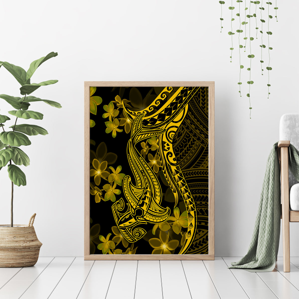 Gold Polynesia Shark Tattoo Canvas Wall Art With Polynesian Plumeria - Wonder Print Shop