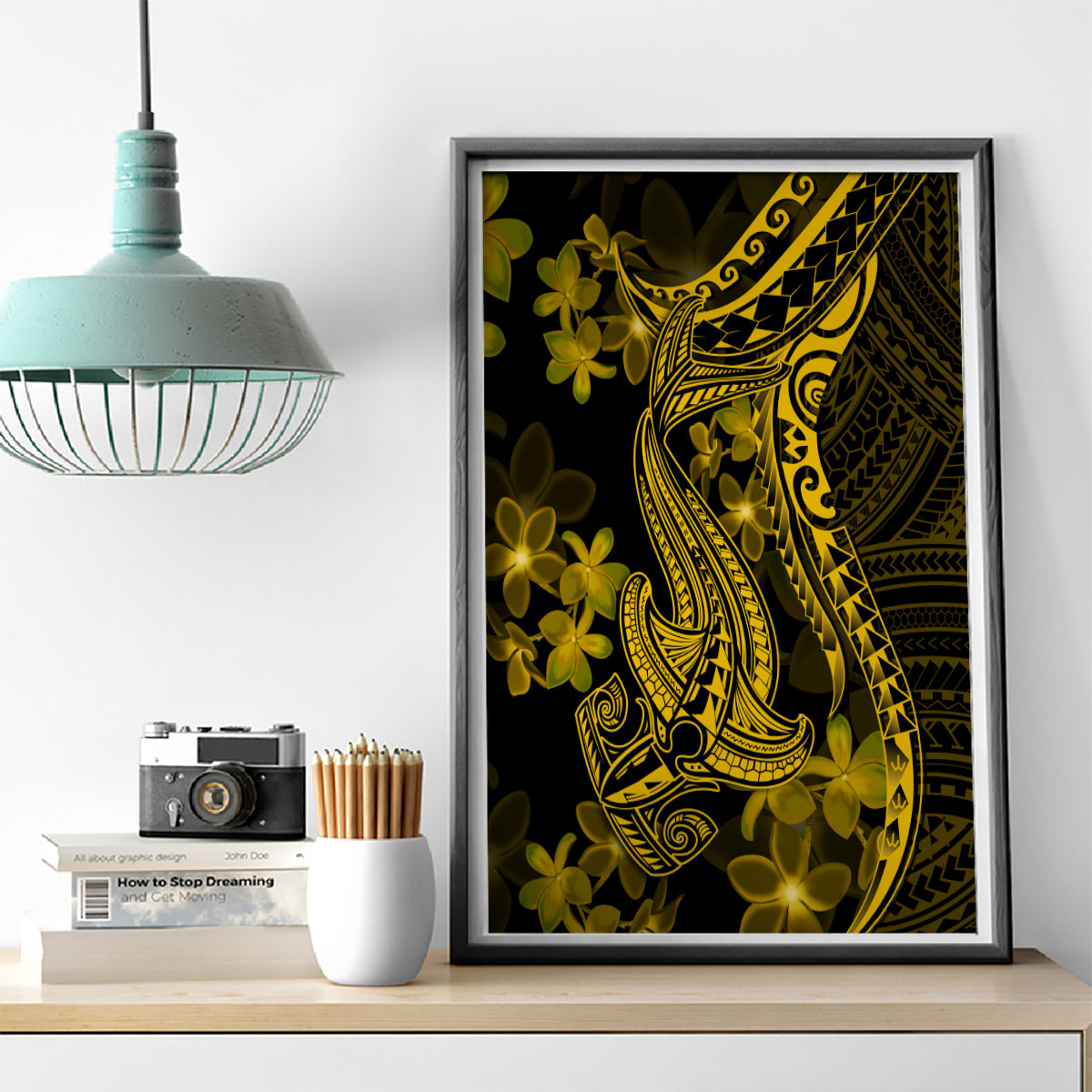 Gold Polynesia Shark Tattoo Canvas Wall Art With Polynesian Plumeria - Wonder Print Shop