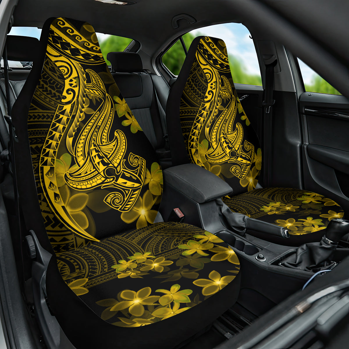 Gold Polynesia Shark Tattoo Car Seat Cover With Polynesian Plumeria - Wonder Print Shop