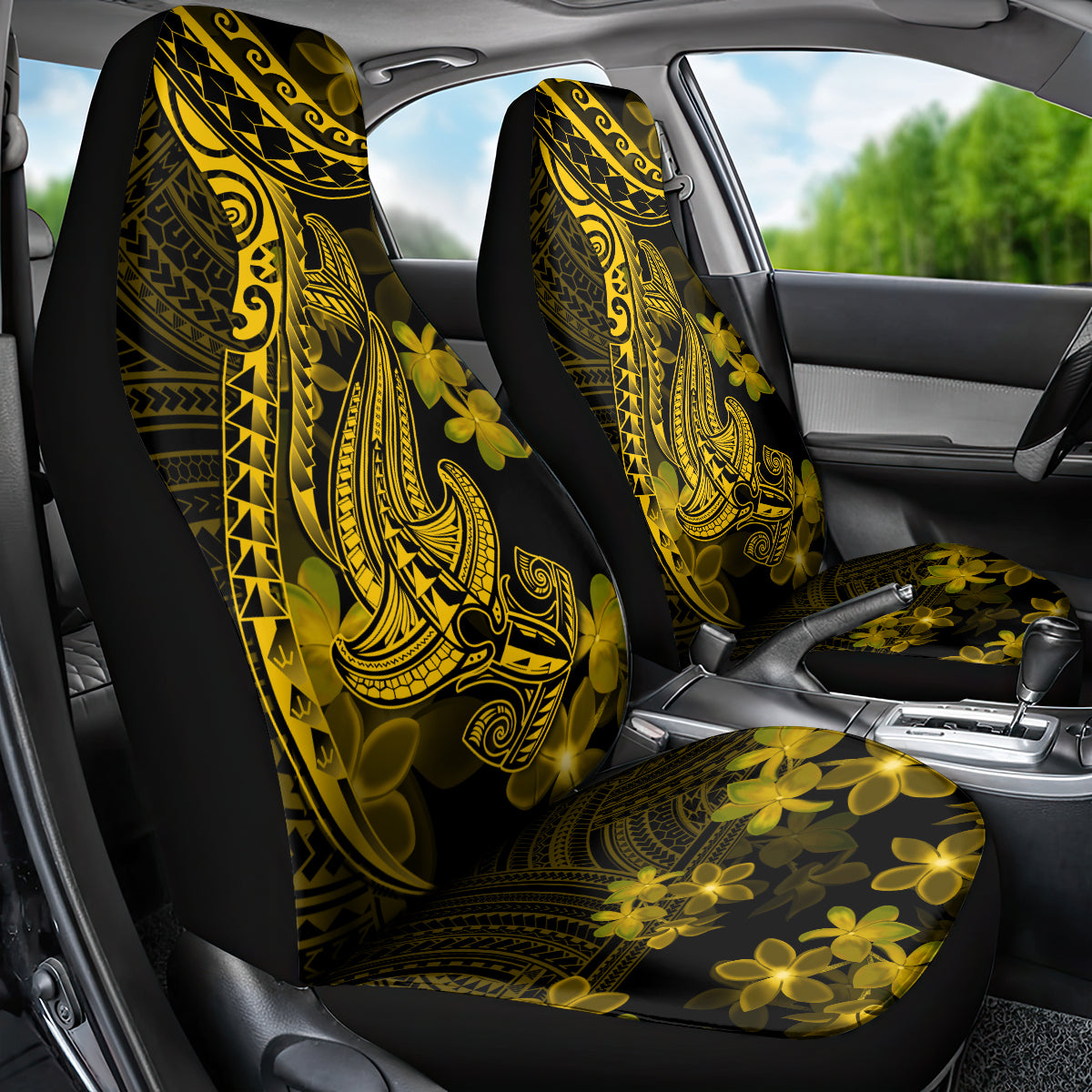 Gold Polynesia Shark Tattoo Car Seat Cover With Polynesian Plumeria - Wonder Print Shop